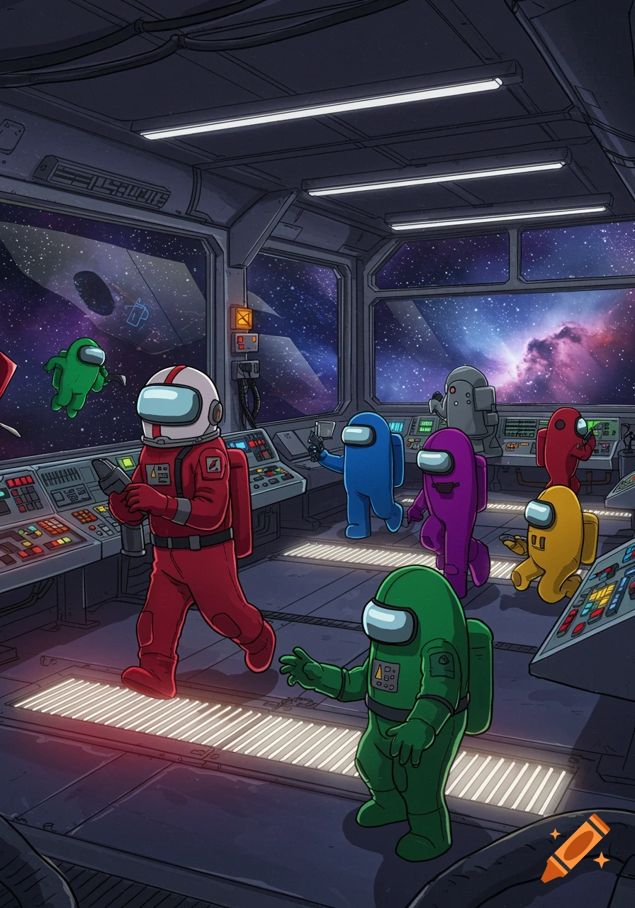 Colorful Among Us characters in a spaceship control room, with a view of space through large windows.