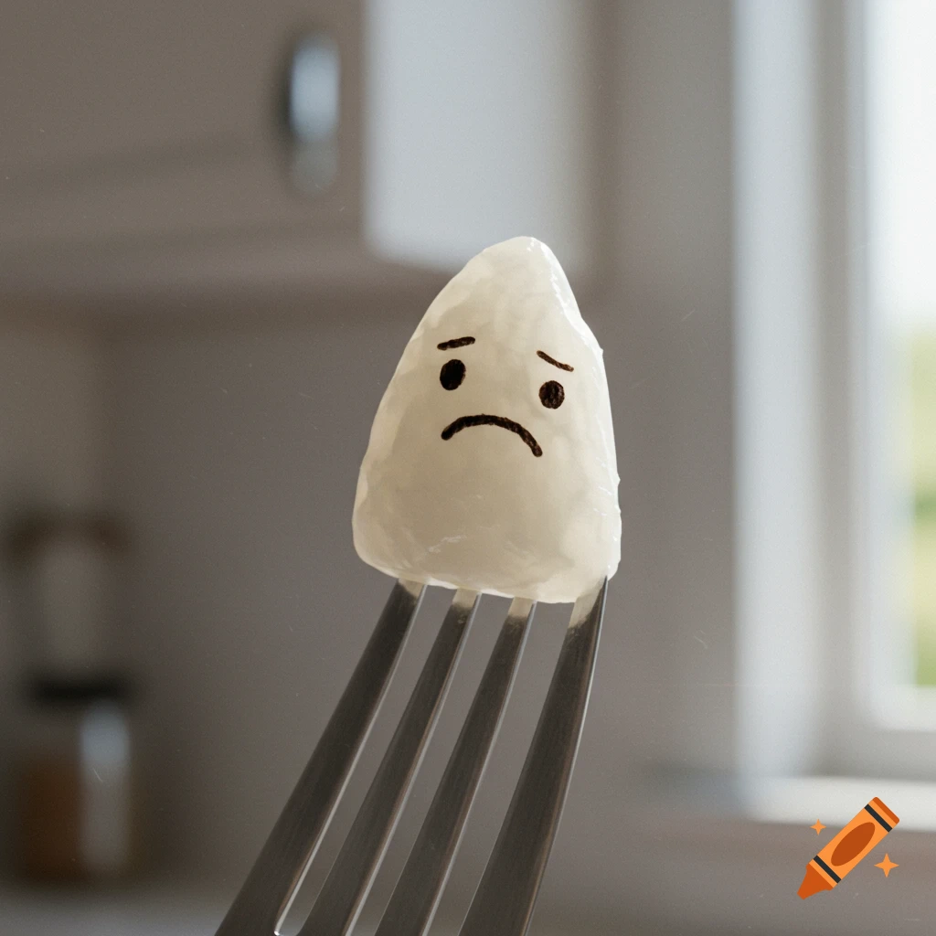 A close-up, photorealistic image of a single white grain of rice with a sad frowny face drawn on it, perched on a metal fork.
