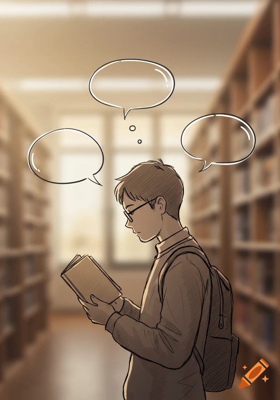 A stylized illustration of a student wearing glasses and a backpack, reading a book in a blurred library setting, with three empty thought bubbles above his head.