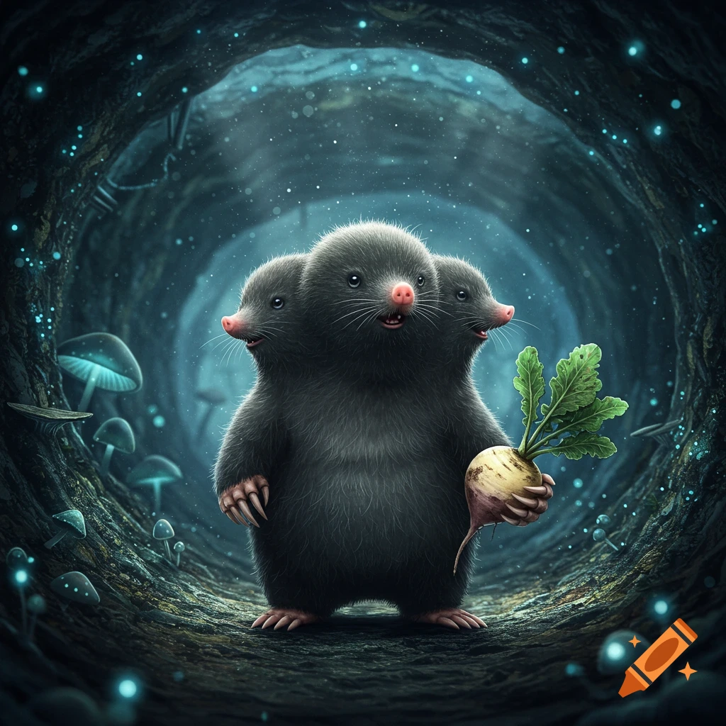 A fluffy three-headed mole creature holds a turnip in a dark, glowing underground tunnel with bioluminescent mushrooms.