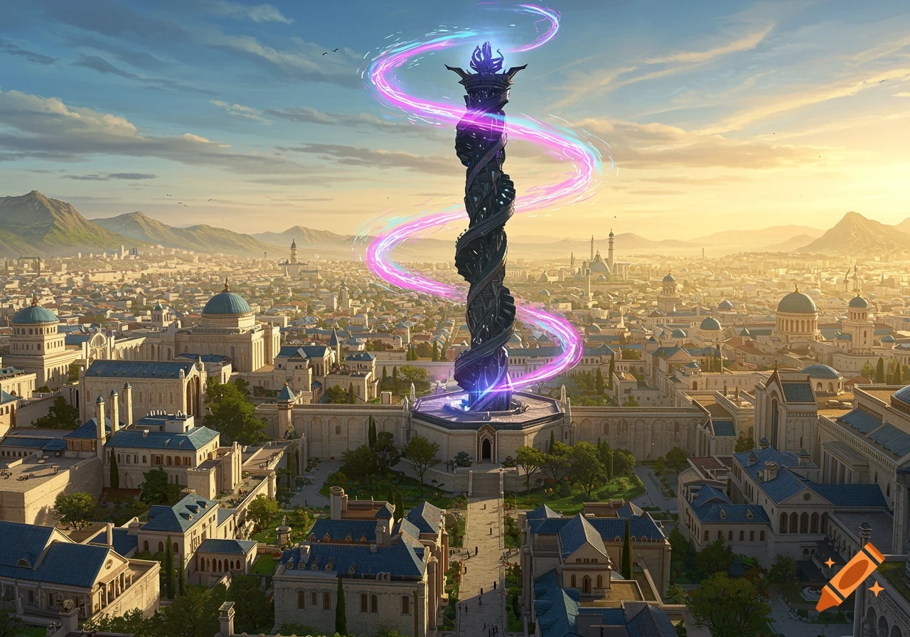 A vibrant fantasy city with light stone buildings under a golden sky. A tall, dark, twisting pillar in the center emits swirling magenta and cyan energy.