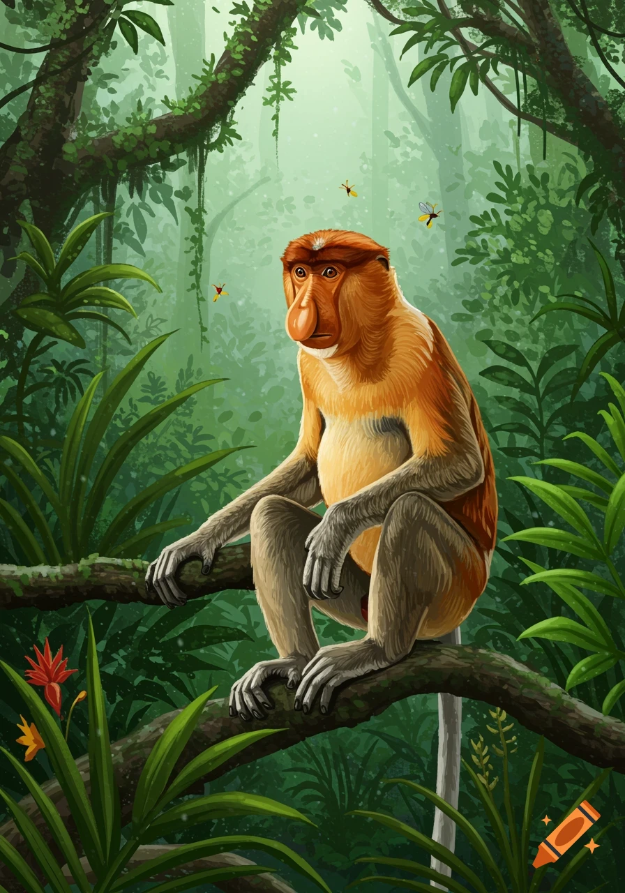 An illustrative rendering of a proboscis monkey with a large nose sitting on a branch in a vibrant green jungle.