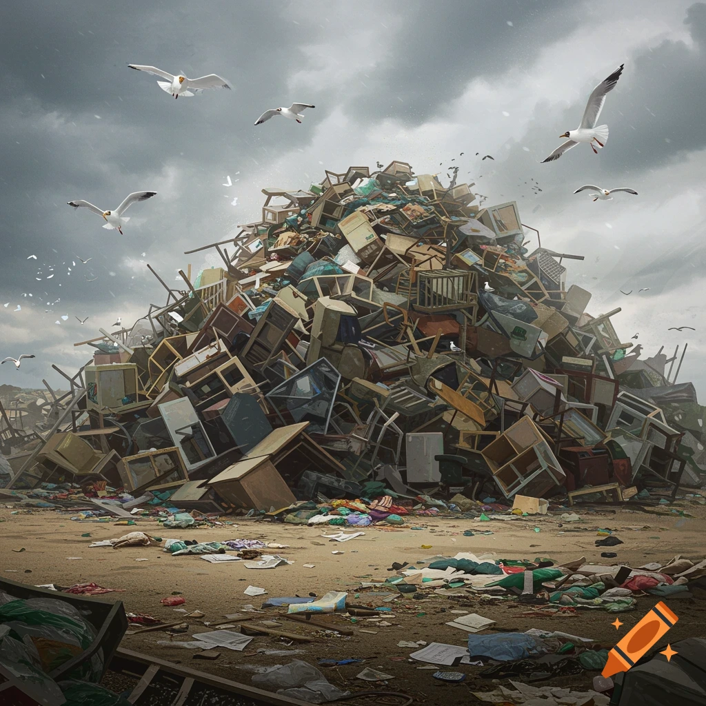 A large pile of discarded office furniture on a landfill site under a cloudy sky, with seagulls flying above.