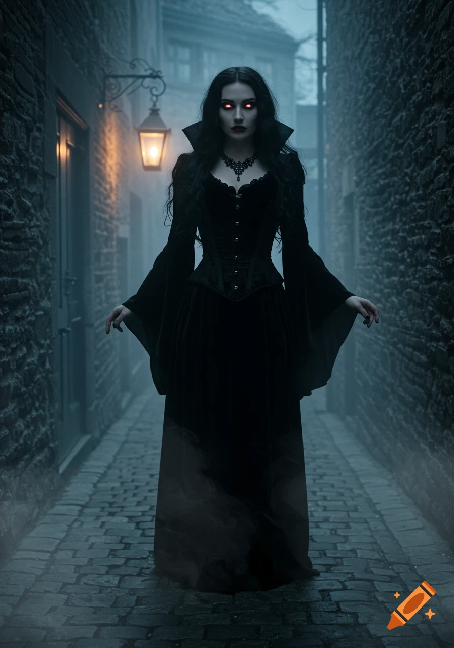 A photorealistic image of a dark-haired woman in a long black velvet dress with glowing red eyes, standing in a foggy gothic alley lit by a dim lantern.