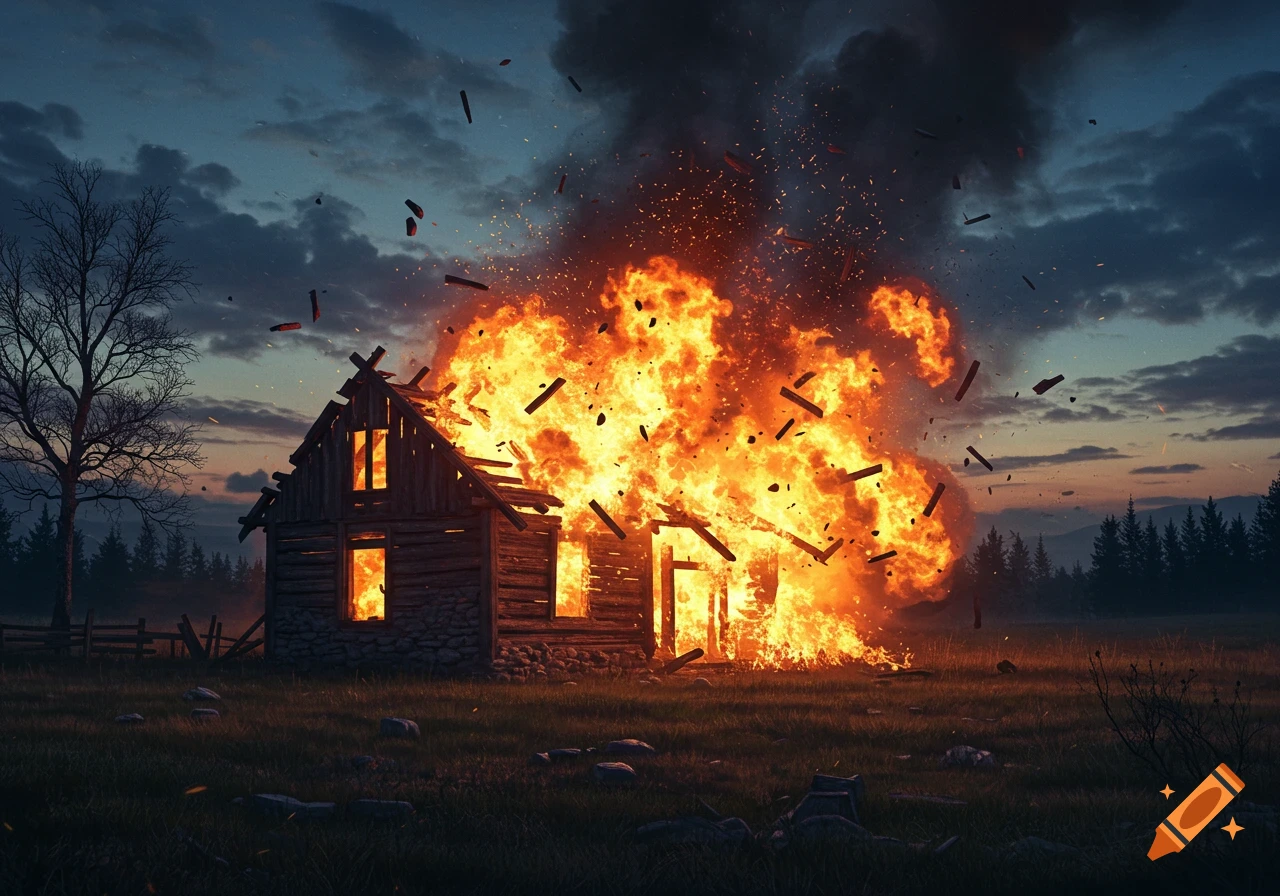 An old wooden house explodes in a massive fire at dusk in a field with a bare tree.