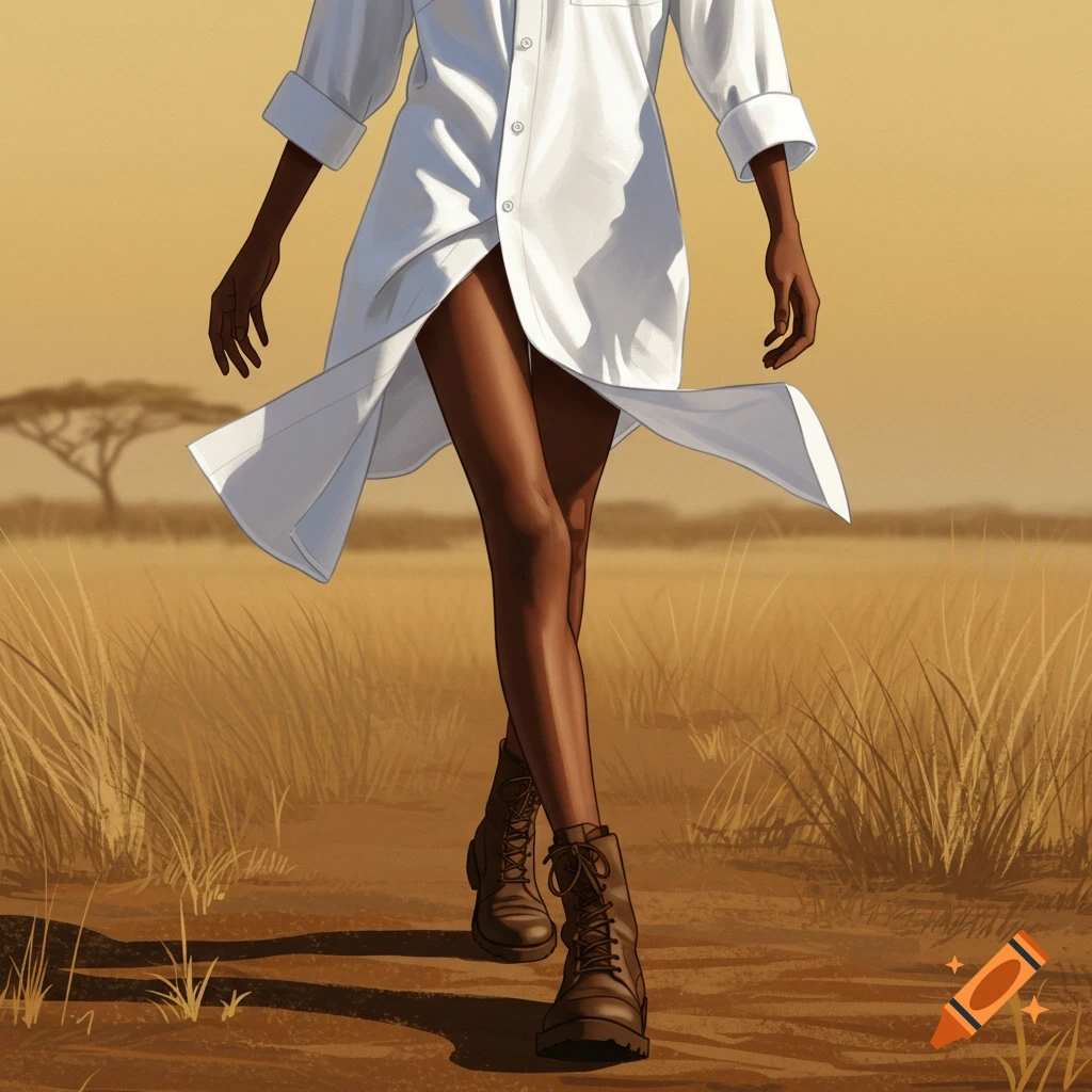 Illustration of a person in a white shirt and brown boots walking through a dry, grassy safari landscape.