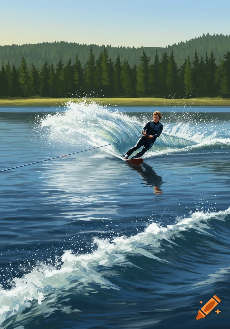 A person in a wetsuit water skiing on a lake, creating a large wake, with a forest in the background.