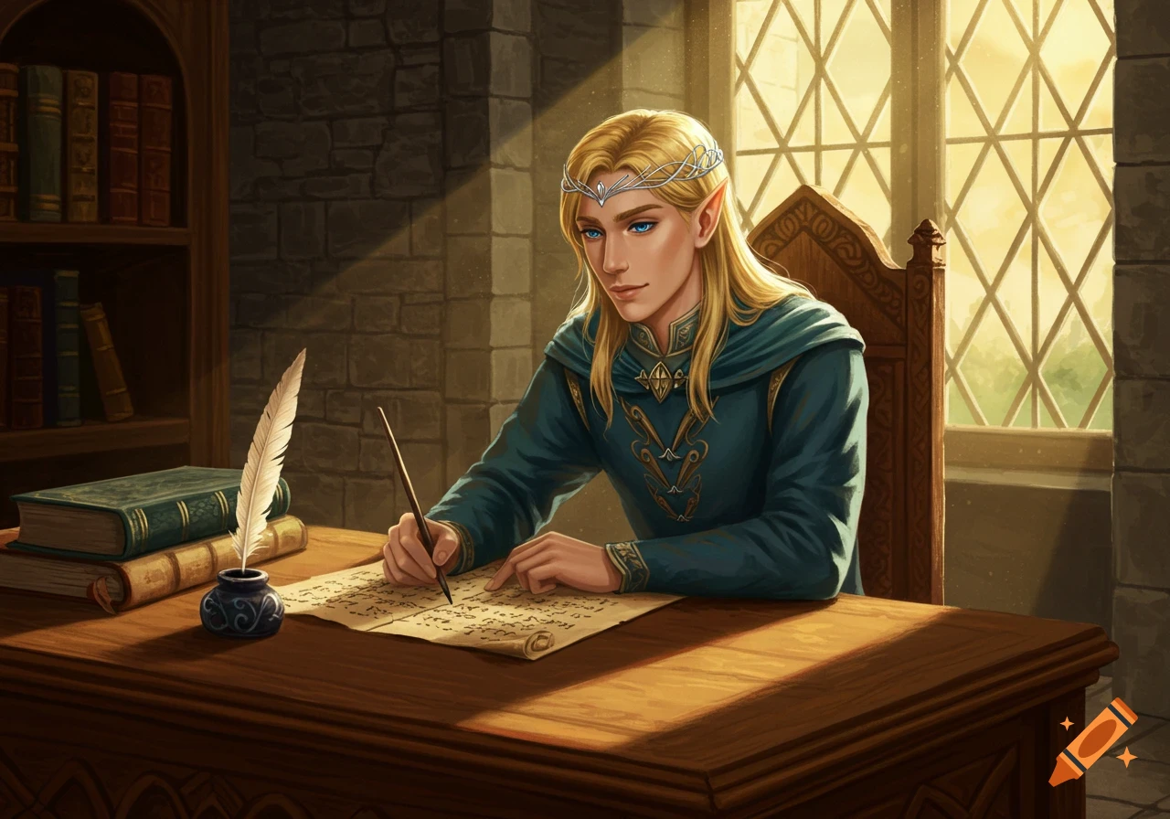 Blond elf prince with a diadem writing on parchment at a wooden desk in a sunlit stone room with a bookshelf and large window.