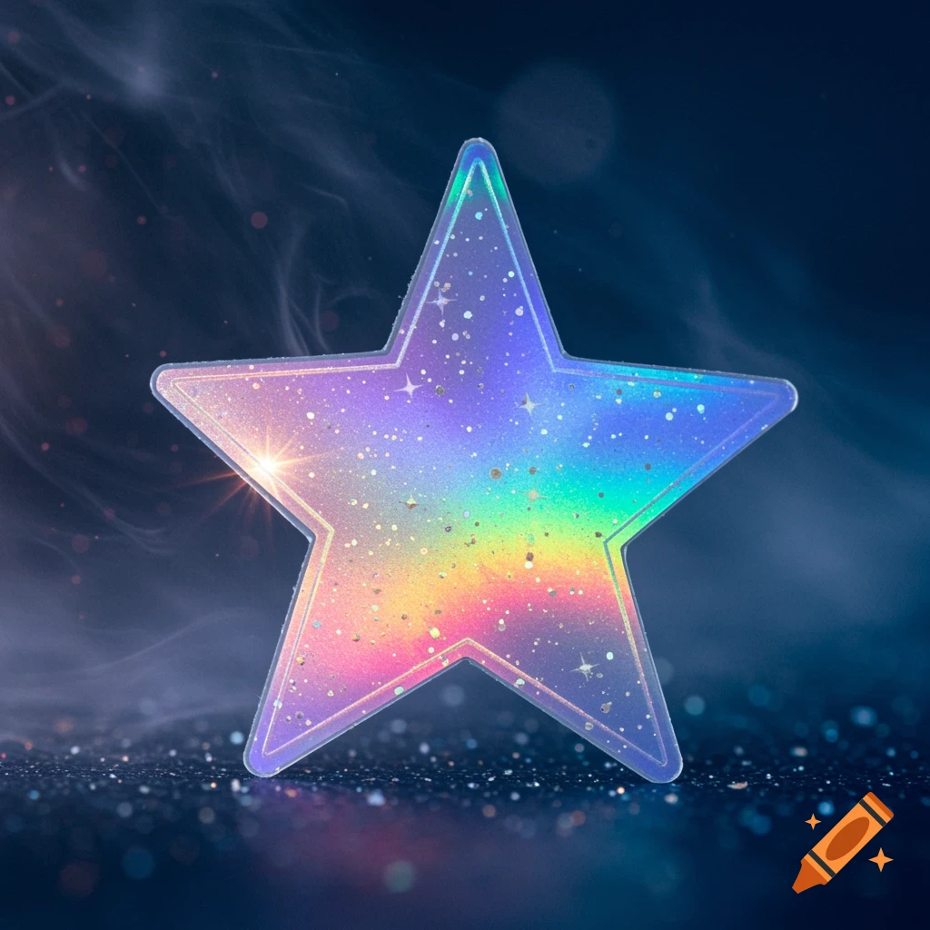A colorful, sparkling holographic star against a dark, smoky background.