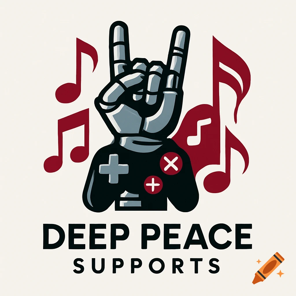 A logo featuring a gray robot hand making the rock-and-roll sign, with red music notes behind it. The robot's torso has white gamepad buttons (plus, minus, X). Below the design, text reads "DEEP PEACE SUPPORTS".