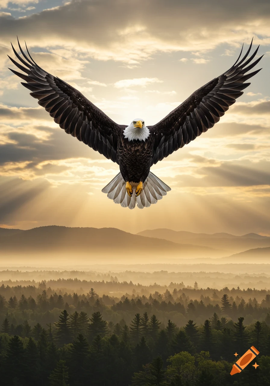 A majestic bald eagle soars with outstretched wings against a sunlit, cloudy sky over a misty forest and mountains.