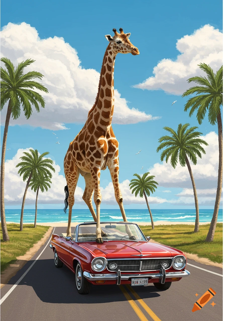 A tall giraffe stands on a red vintage convertible car driving along a coastal road with palm trees and ocean in the background.