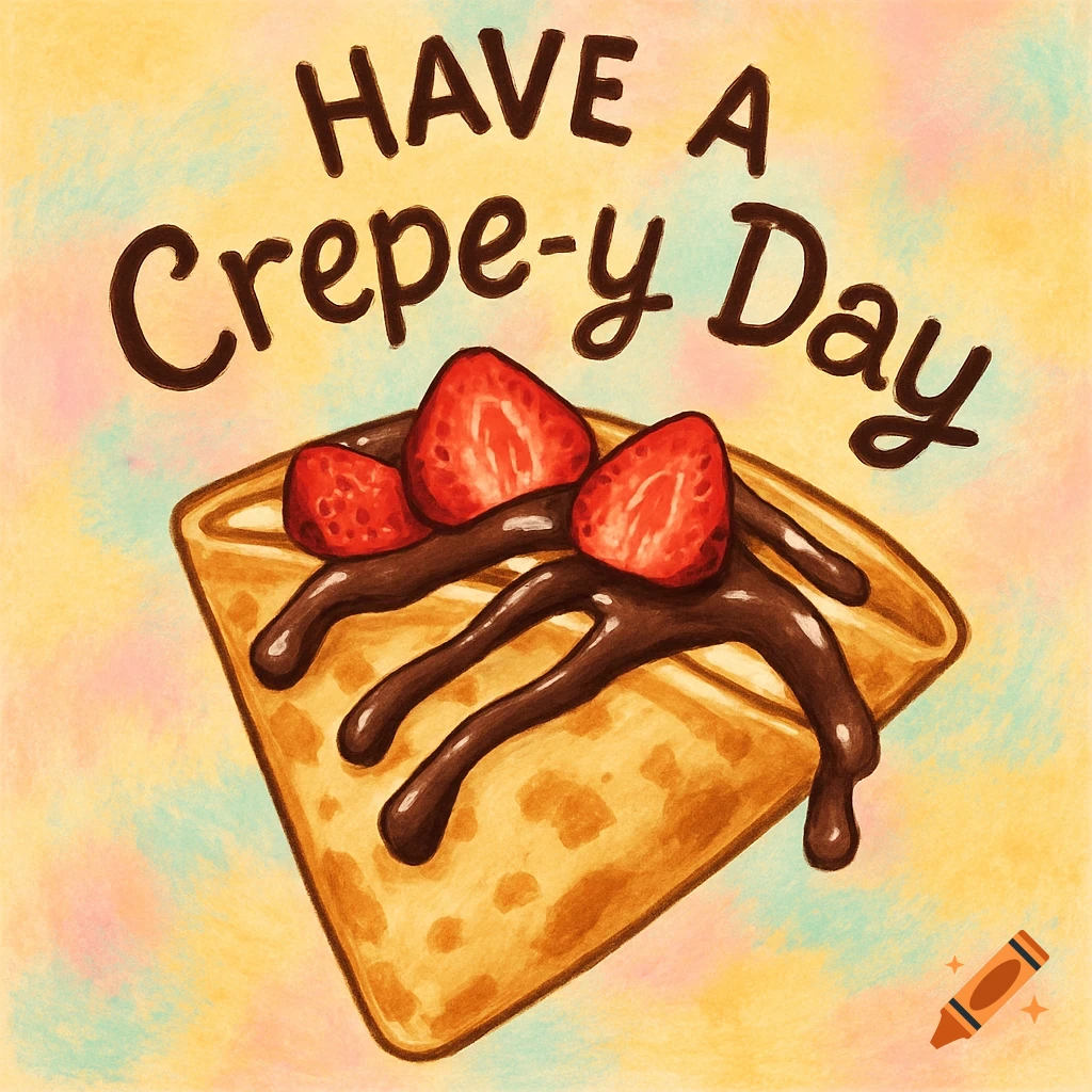 Illustration of a folded crepe with chocolate drizzle and strawberries, with the text 'HAVE A Crepe-y Day' above it.