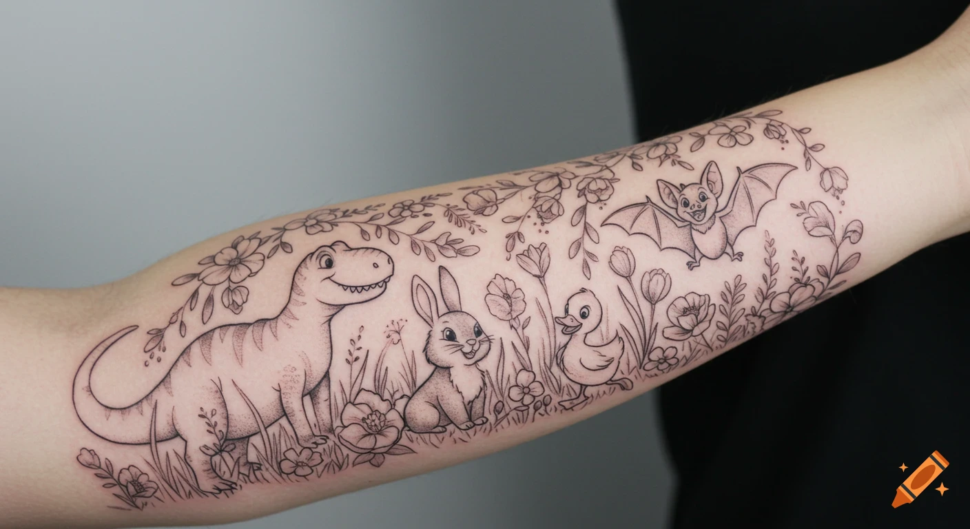 Black and grey tattoo on an arm featuring a whimsical meadow with a T-Rex, bunny, duck, and bat among flowers.