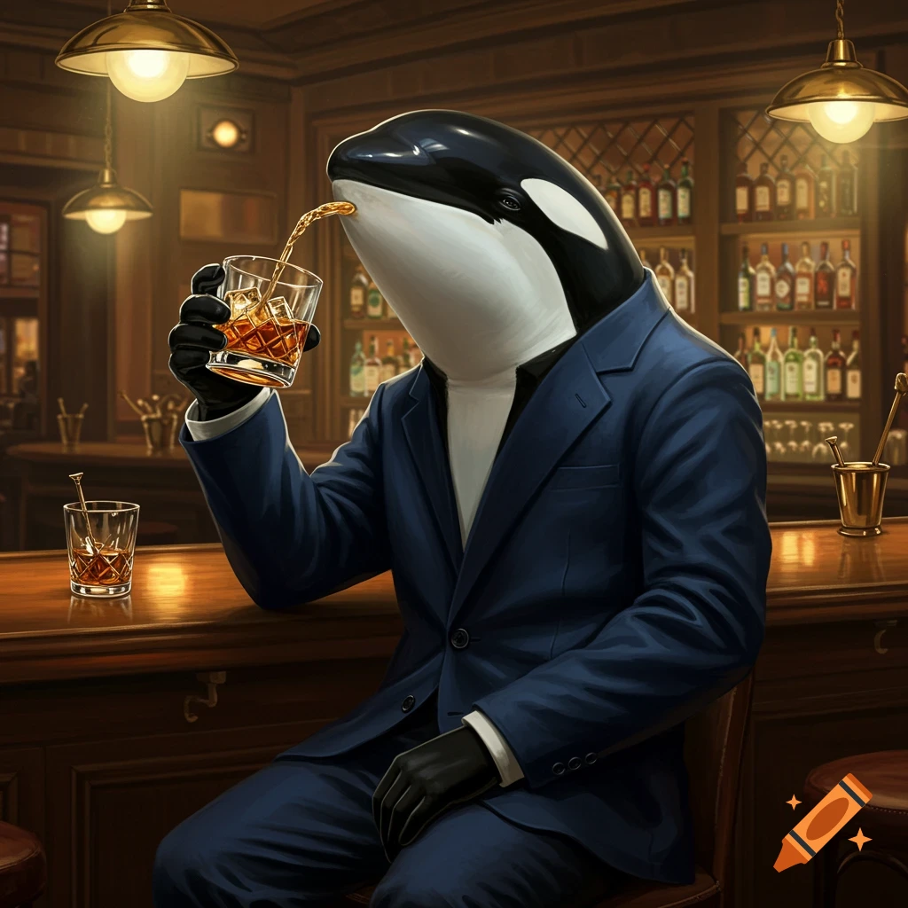 An anthropomorphic orca in a blue suit pours a drink into a glass at a bar.