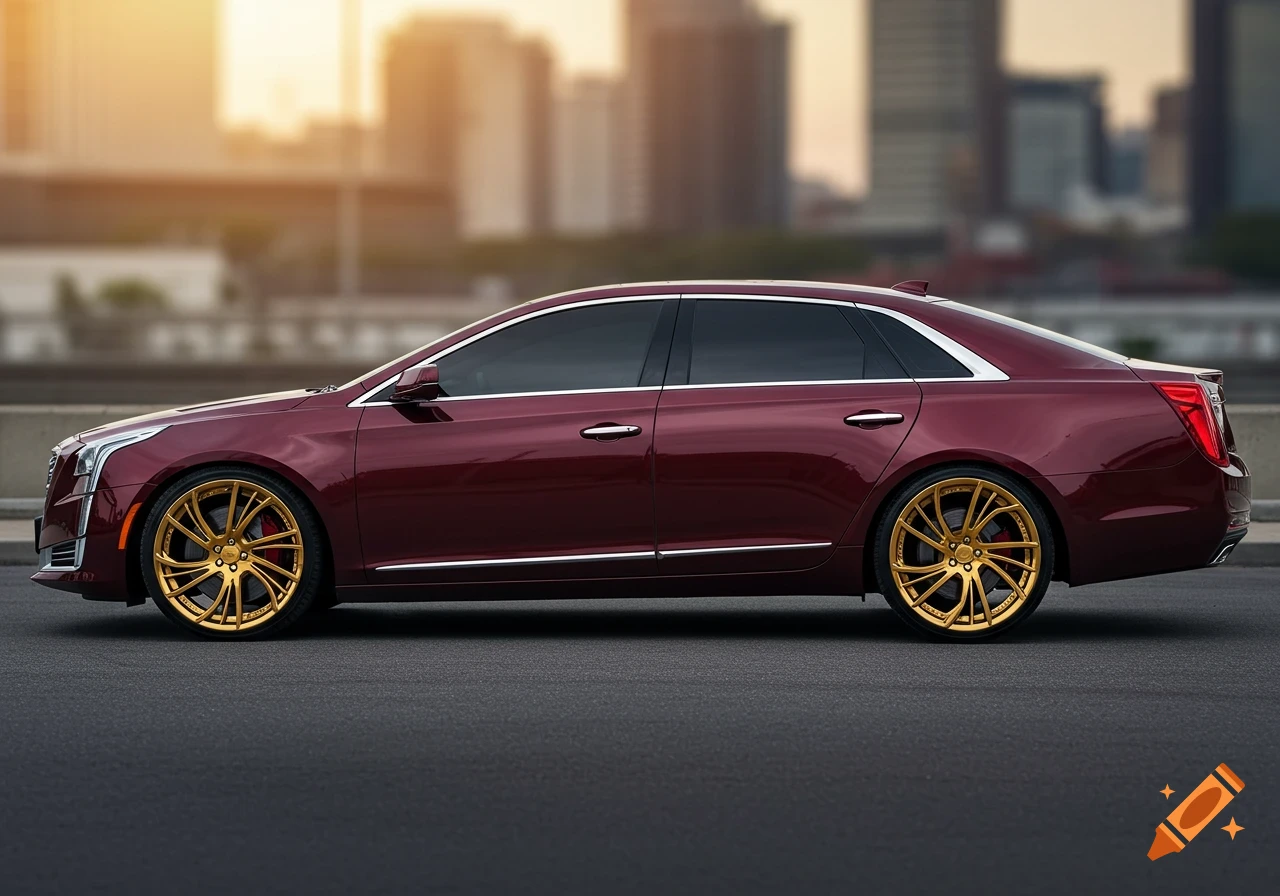 A side profile of a burgundy Cadillac XTS with gold rims parked on asphalt, with a blurry city background at sunset.
