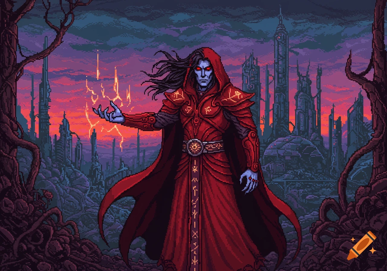 A red-robed fantasy mage with glowing blue skin and red eyes casts a spell, surrounded by glowing electricity, in a dark, futuristic pixel art city landscape.
