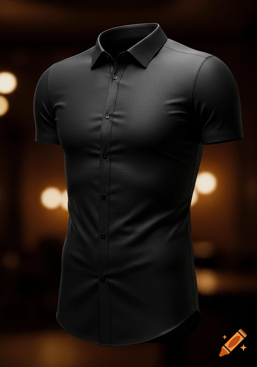 A black slim-fitted short-sleeve button-up shirt on a mannequin with a blurred background.