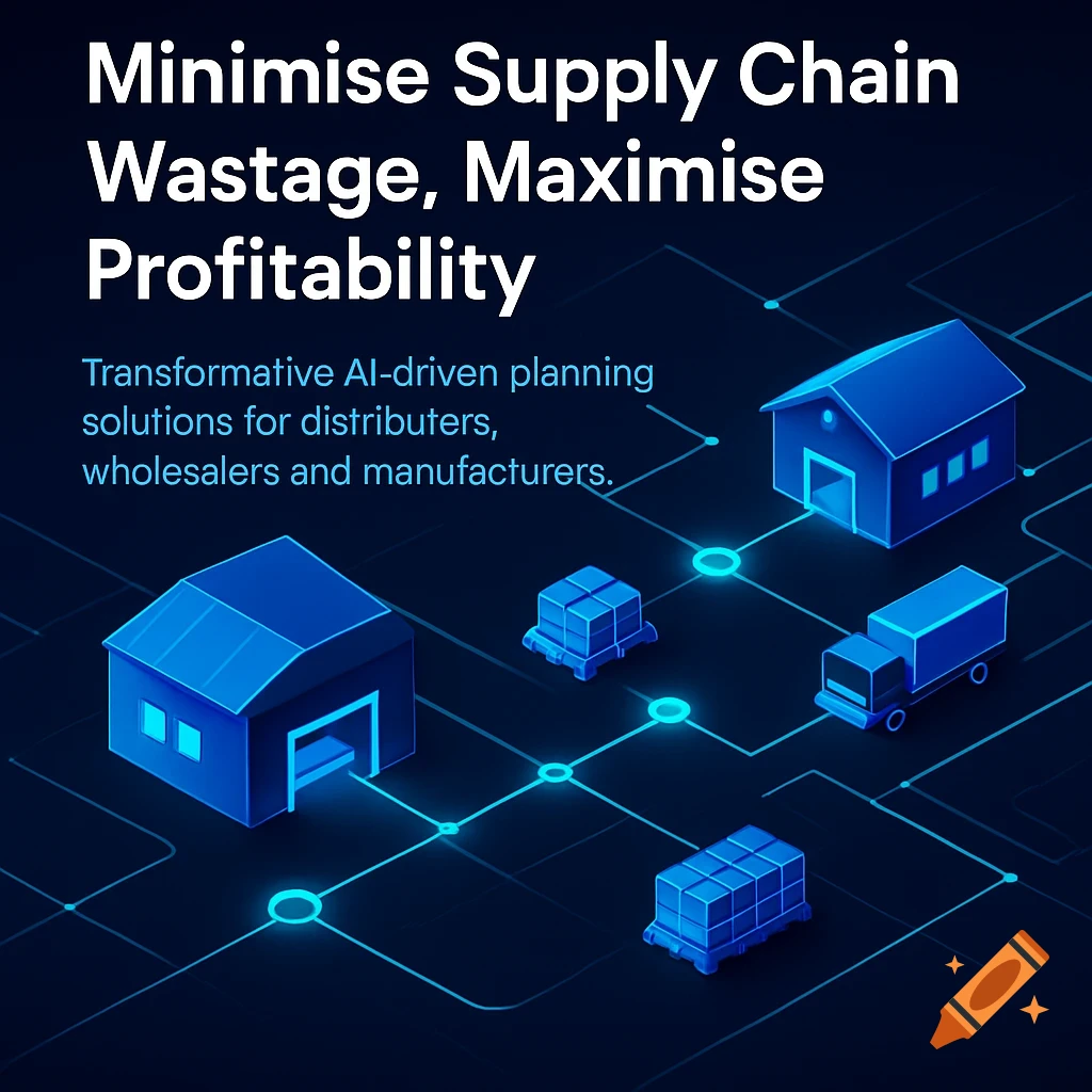 A futuristic blue illustration of a supply chain network with warehouses, pallets, a truck, and glowing connected nodes. Text highlights supply chain efficiency.