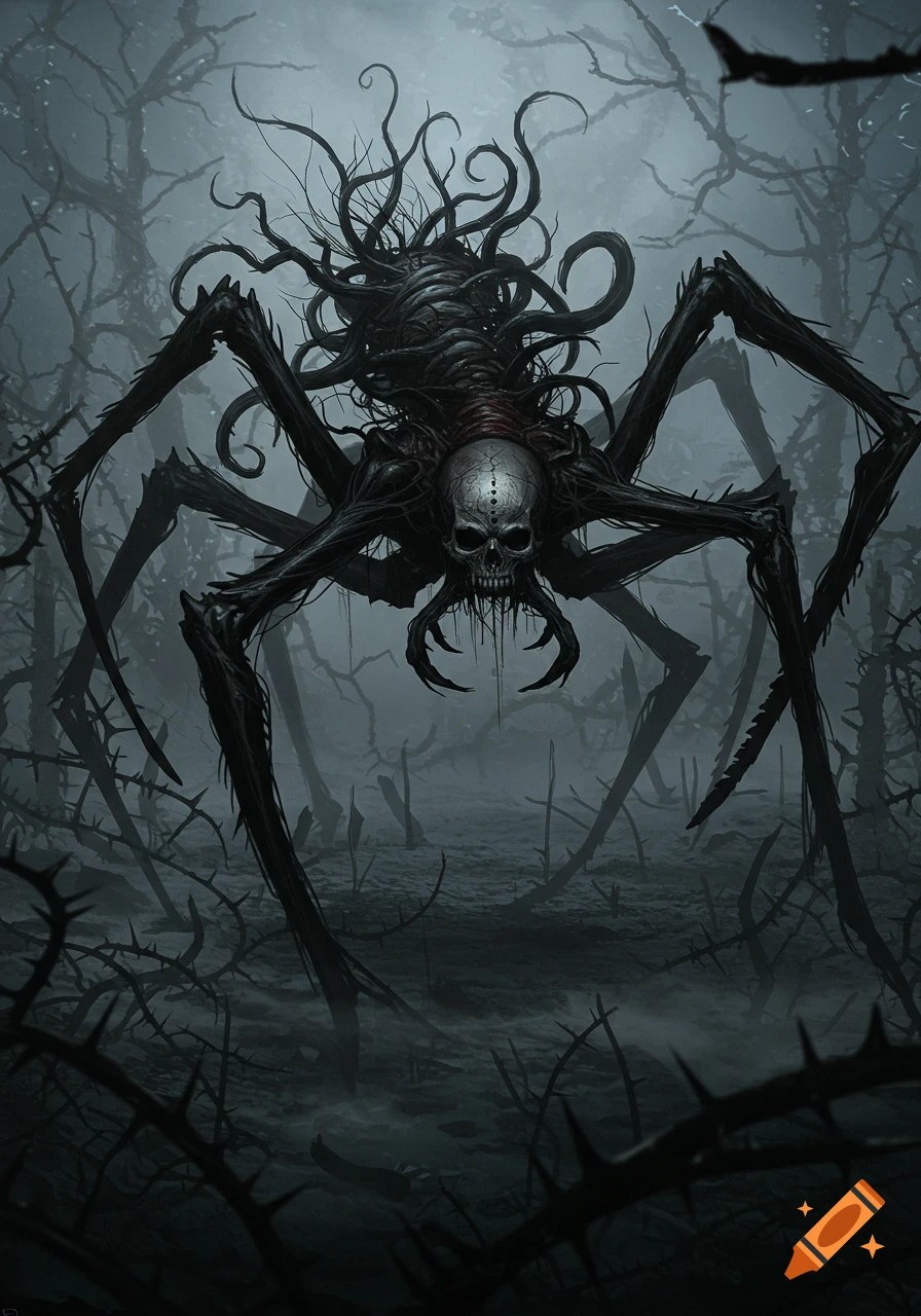A dark, skull-faced, spider-like monster with long, spiky legs and hair-like tentacles in a thorny, misty forest.