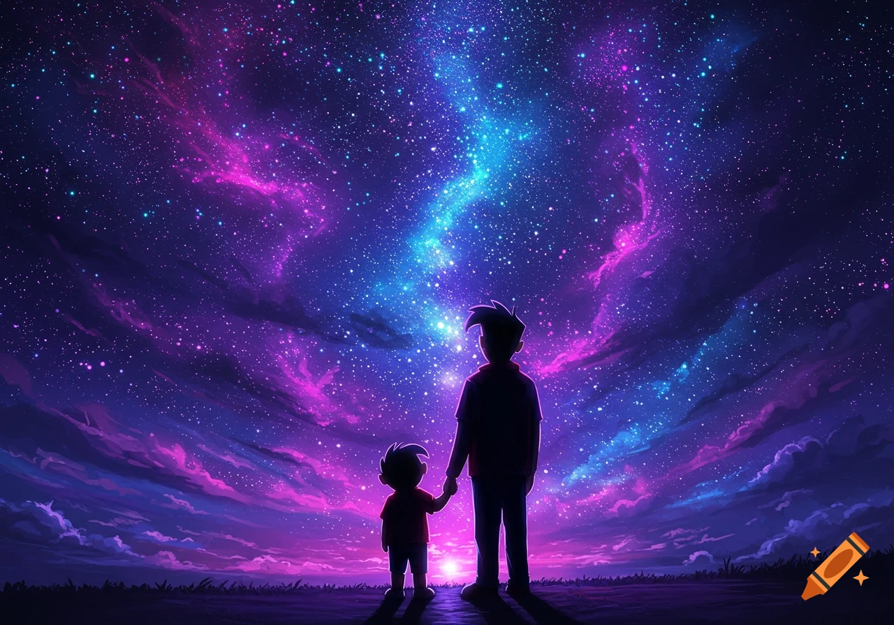 Silhouettes of an adult and child holding hands, looking up at a vibrant purple and blue cosmic starry night sky, illustration.
