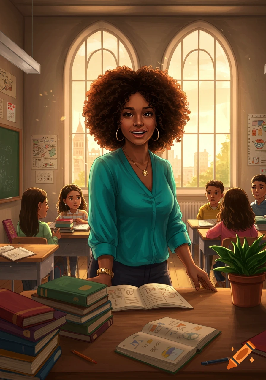 A Black female teacher with curly hair stands smiling in a sunlit classroom, with students seated at desks and books on her table.