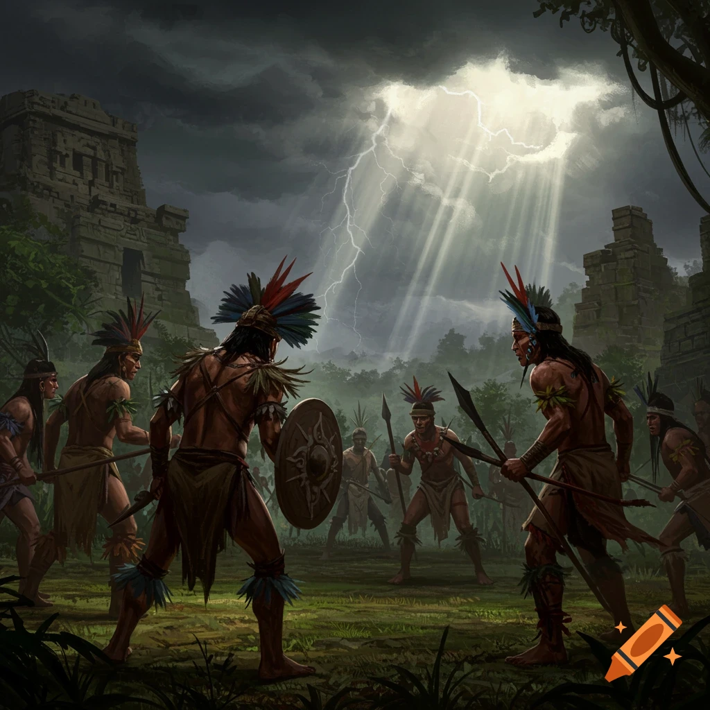 Chiaroscuro oil painting of two groups of tribal warriors facing each other in a dense jungle with ancient ruins under a dramatic sky with lightning.