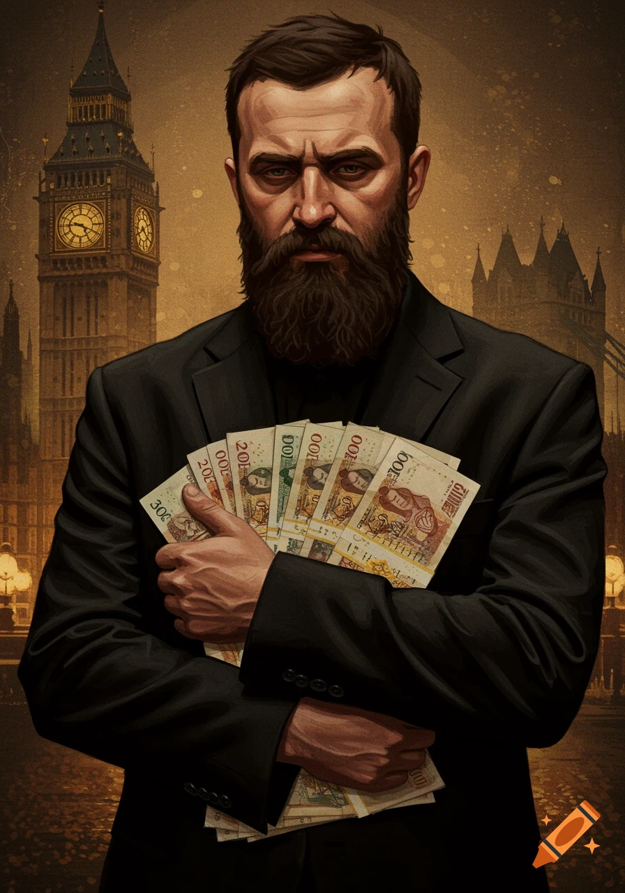A stern, bearded man in a black suit holds a fan of British banknotes with London's Big Ben and Tower Bridge in the background, in an illustrated style.