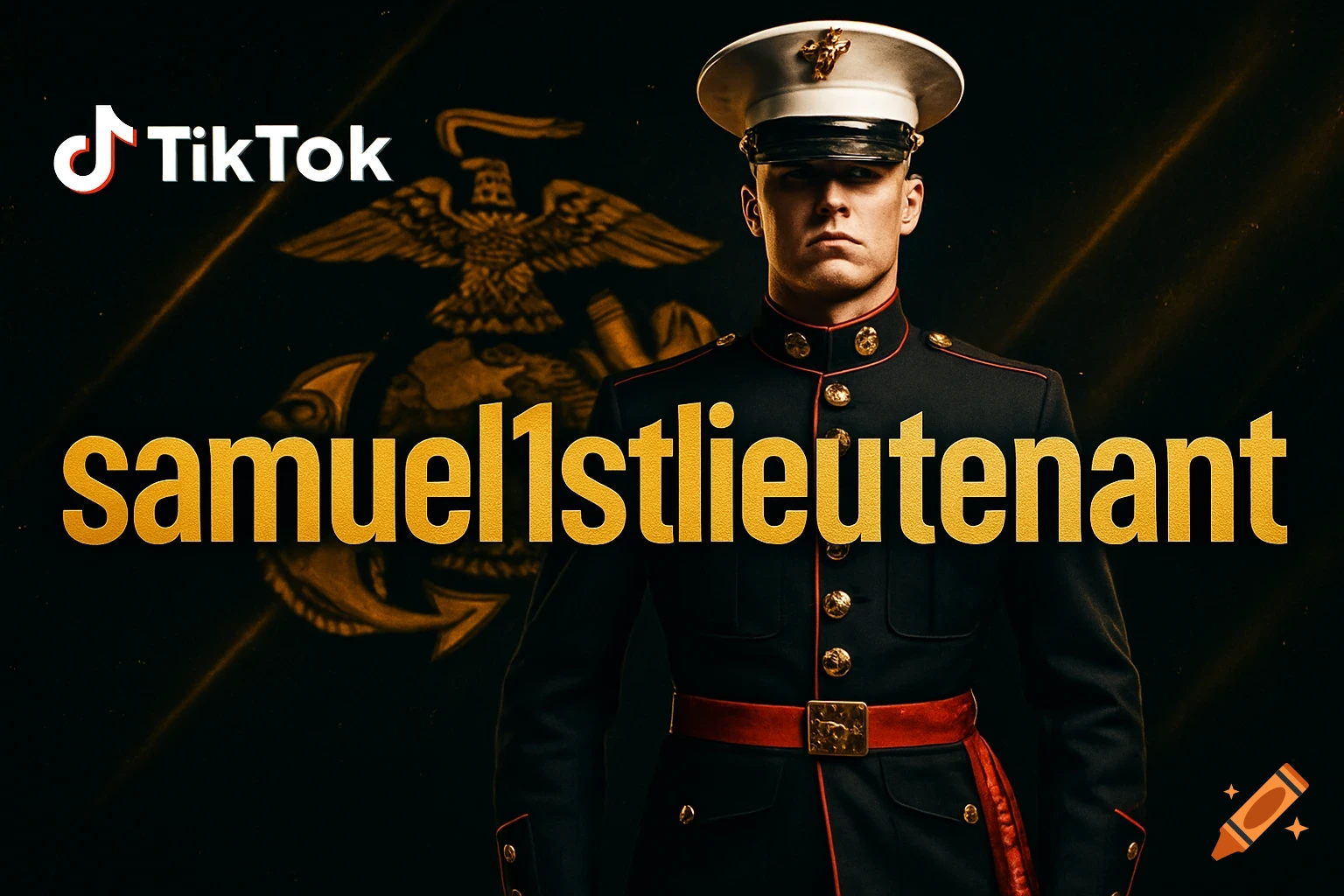 Man in Marine Corps uniform with 'samuel1stlieutenant' text and TikTok logo, against a blurred Marine Corps emblem.