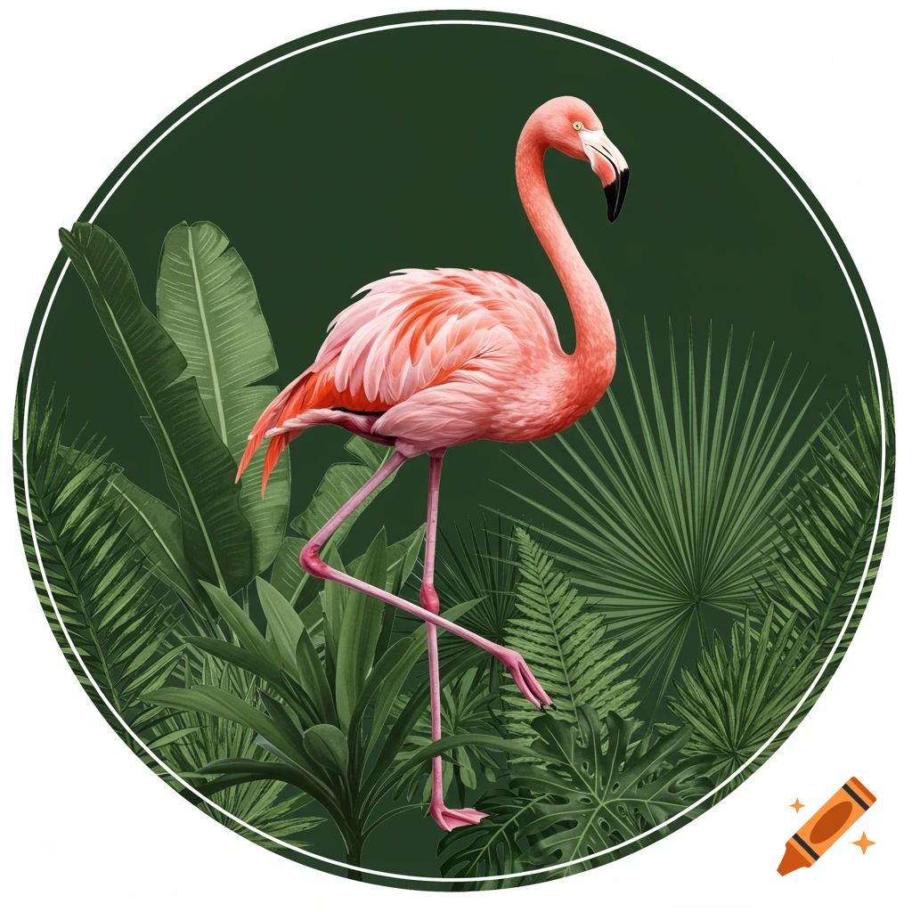 Pink flamingo surrounded by lush tropical plants in a circular clipart graphic.