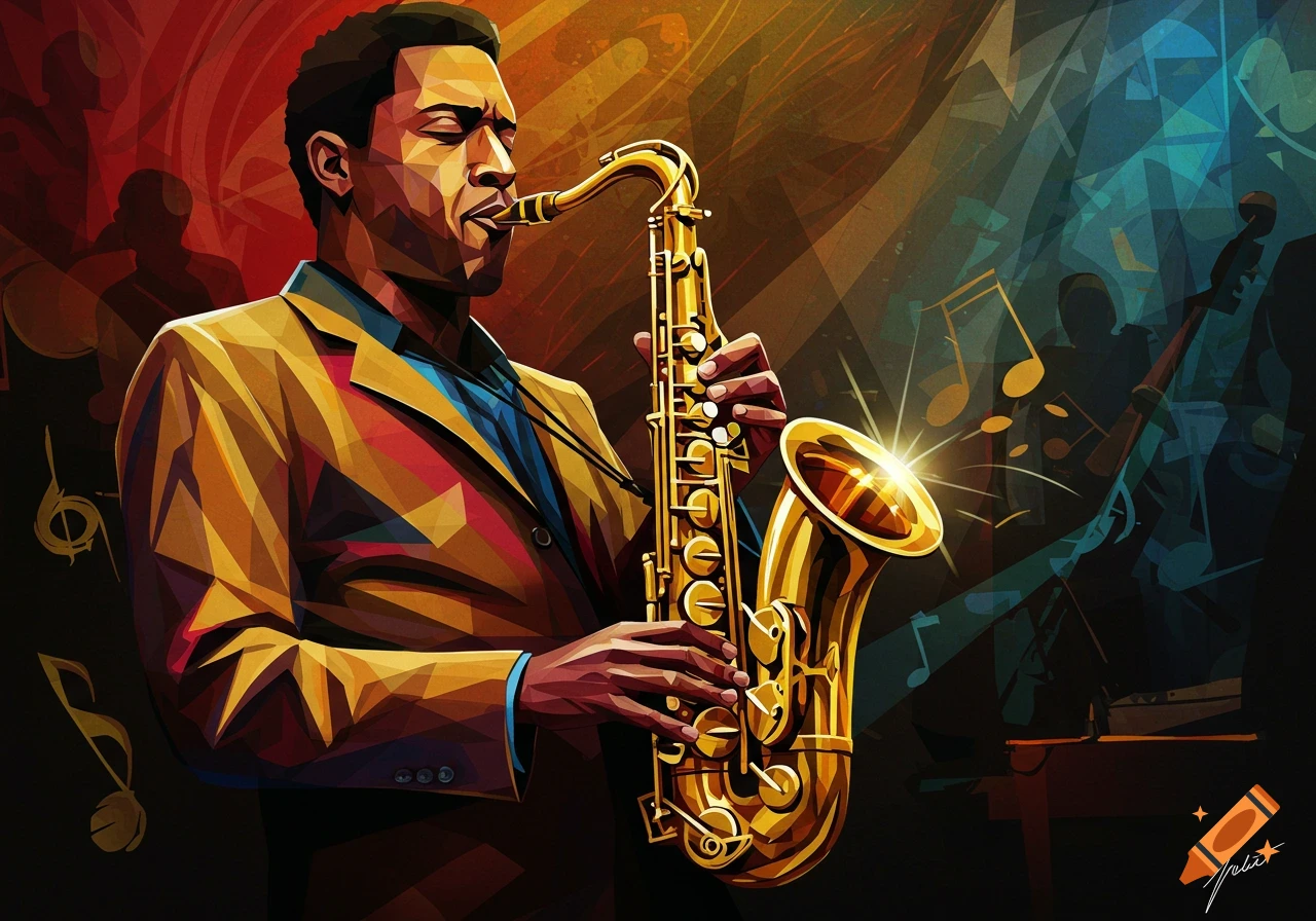 A cubist abstract painting of a jazz musician playing a golden saxophone on a dark stage with musical notes and silhouettes.