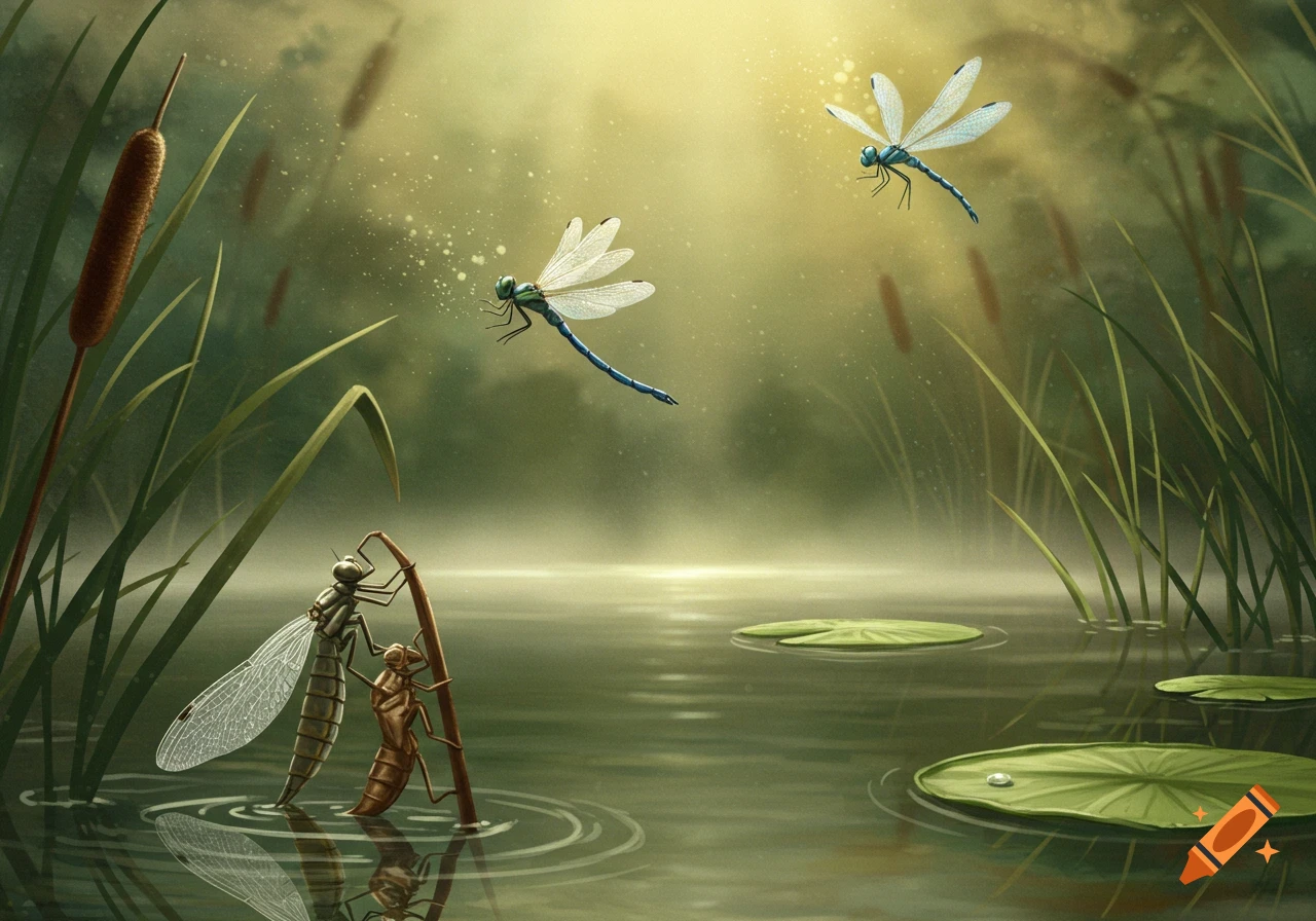 Dragonflies in a misty wetland, one emerging from its nymph shell on a reed, others flying over lily pads under a warm, diffused light.