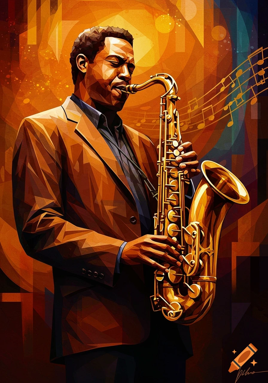 A cubist style painting of a jazz musician playing a saxophone with musical notes in a warm, abstract background.