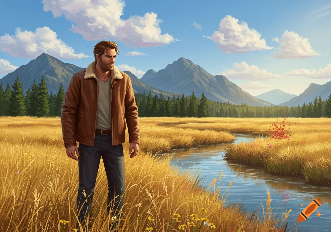 A bearded man in a brown jacket stands in a golden field with a stream, mountains, and blue sky, in an illustrative style.