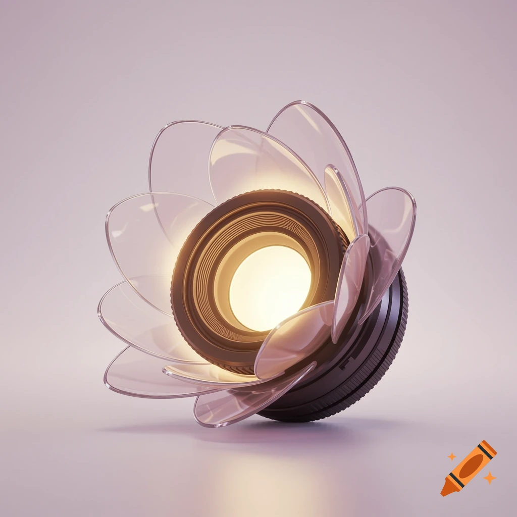 A camera lens shaped like an opening flower with glowing petals on a light pink background.