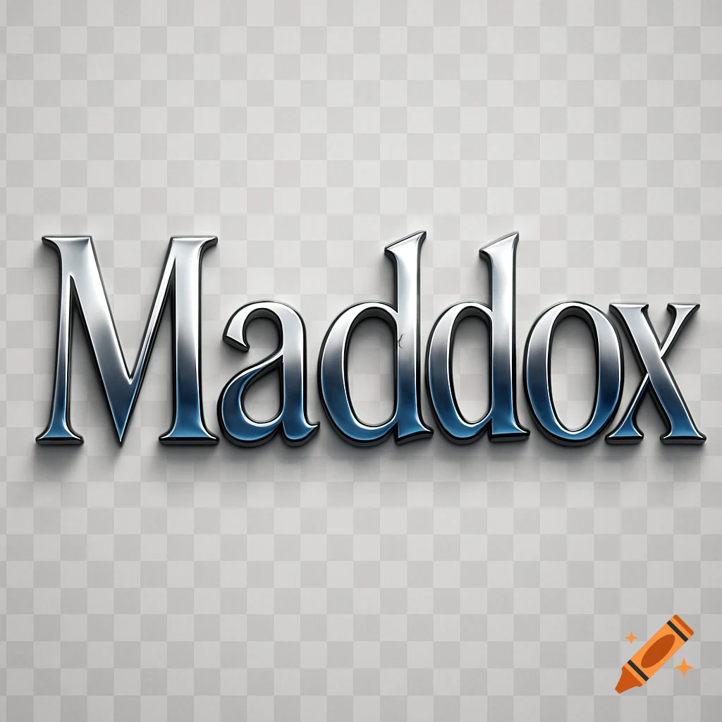 The name Maddox rendered in a metallic silver and blue 3D style, casting a shadow on a checkerboard background.