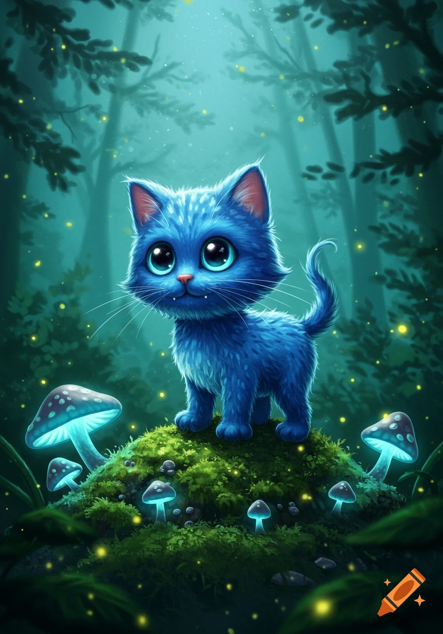 A cute blue fluffy cat with large eyes stands on a mossy mound in a mystical forest with glowing mushrooms.