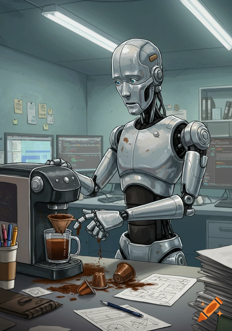 An illustration of a silver robot struggling to make coffee, spilling it all over a messy office desk filled with papers, coffee pods, and a pen. Computer monitors with code are in the background.