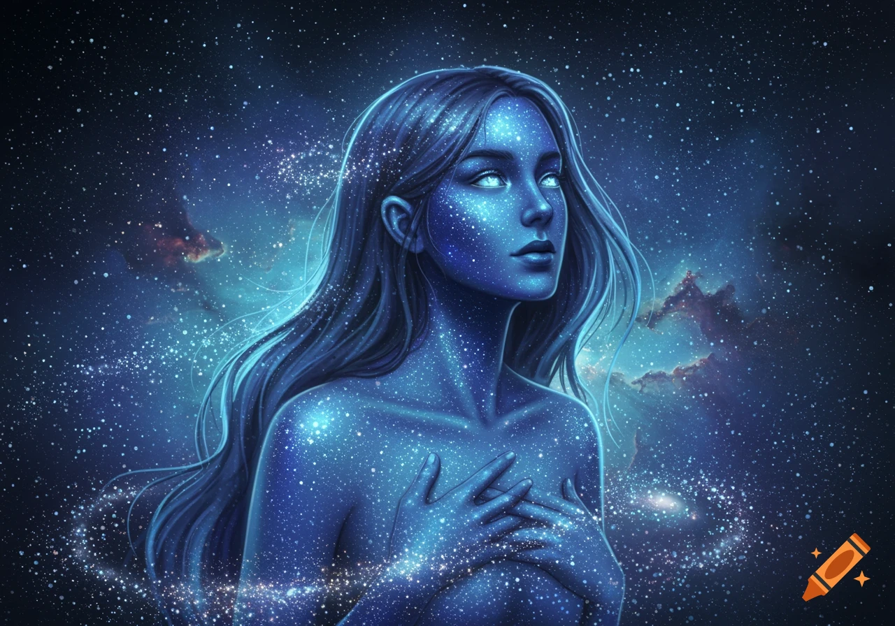 A woman with glowing blue, star-covered skin and long dark hair looks up at a starry night sky.