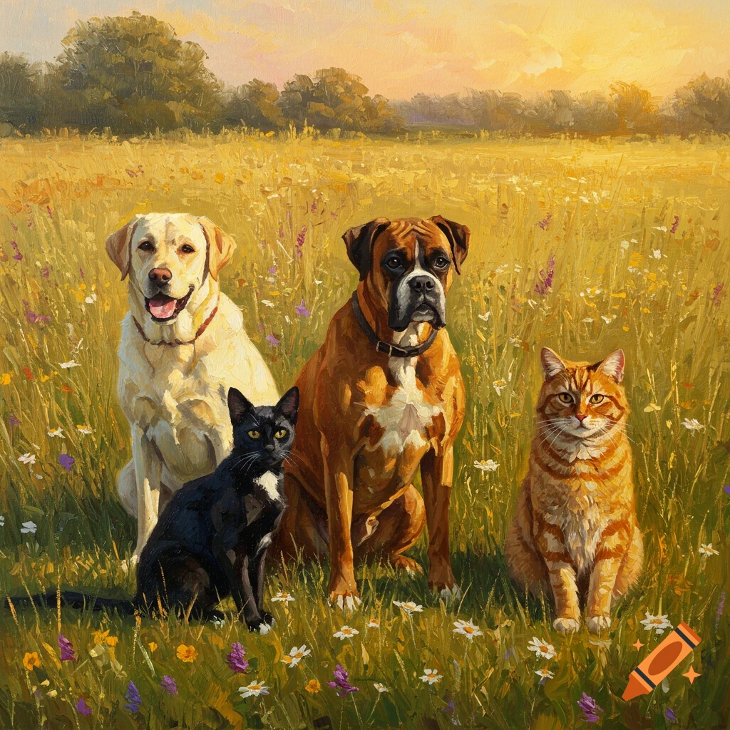 An impressionistic painting of a yellow labrador, a black cat, a boxer, and an orange tabby cat sitting in a sunny field.