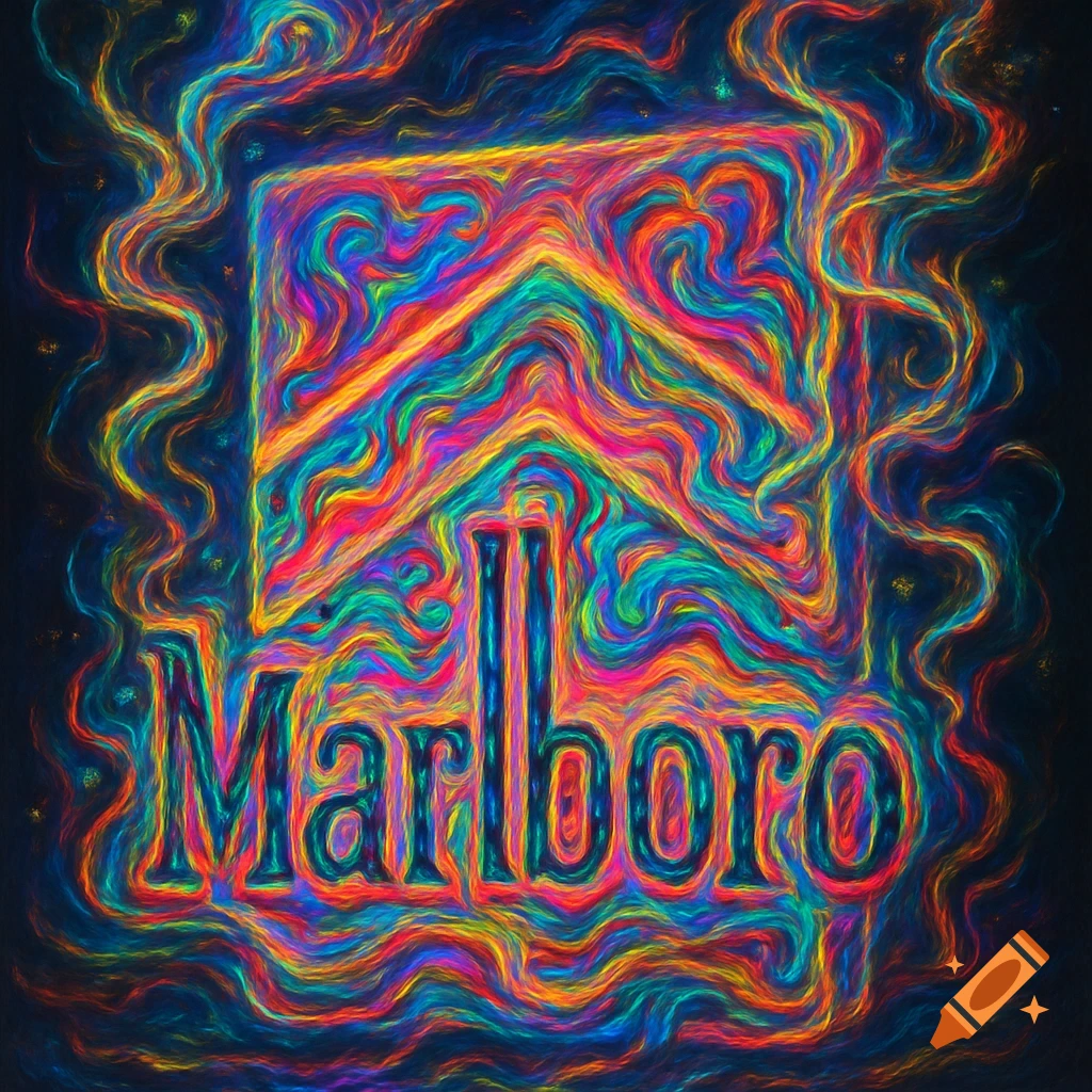 A trippy, psychedelic rendition of the Marlboro cigarette logo, featuring vibrant wavy colors and lines.