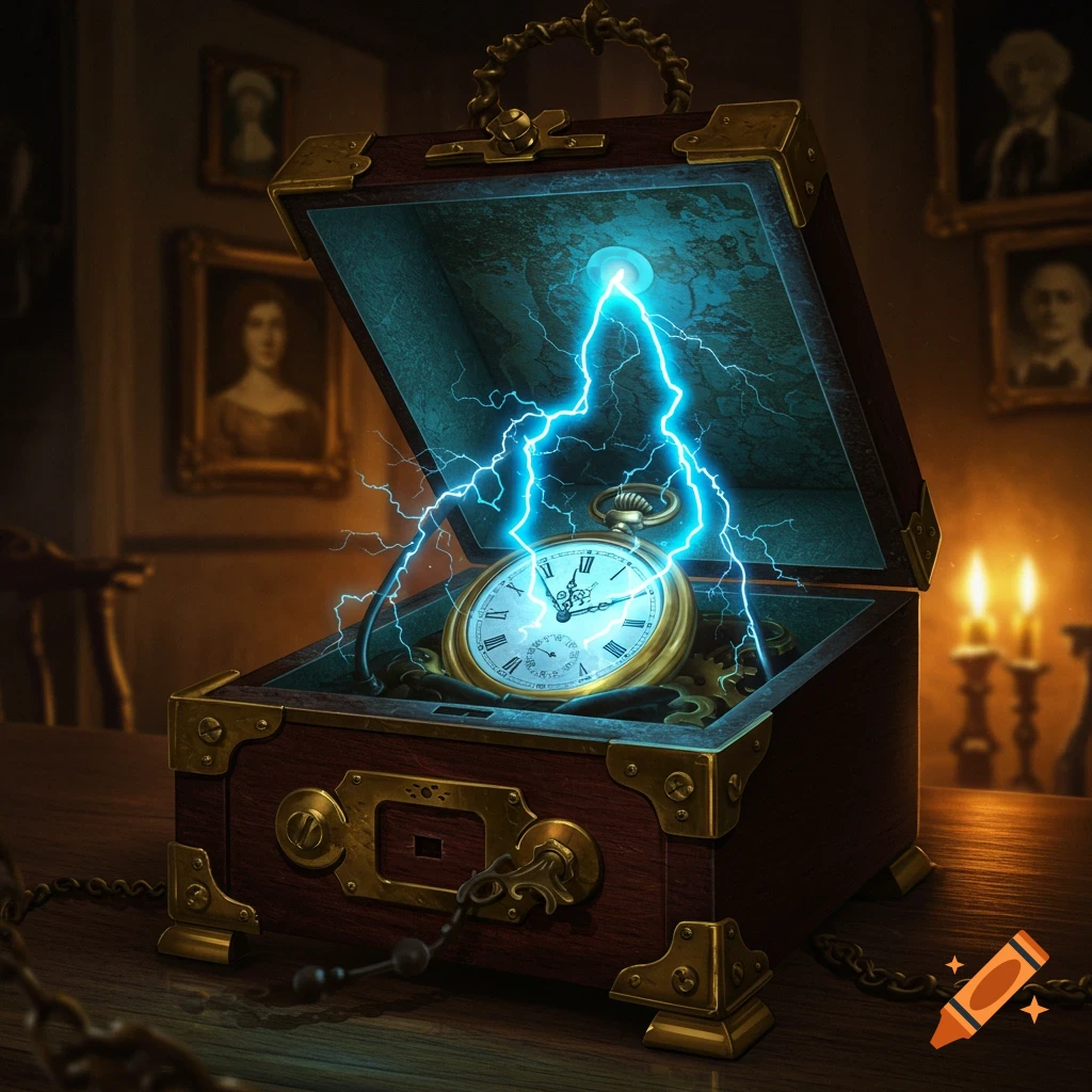 An open antique wooden box with brass accents. Inside, a gold pocket watch glows with bright blue lightning bolts shooting upwards.