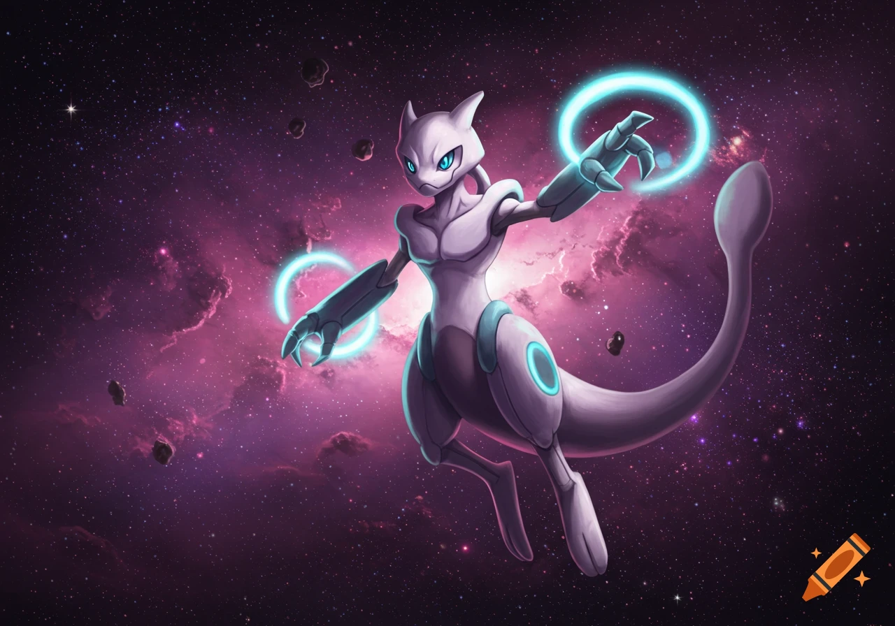 Mewtwo floats in deep space with purple nebulae and asteroids, glowing blue energy rings around its hands.