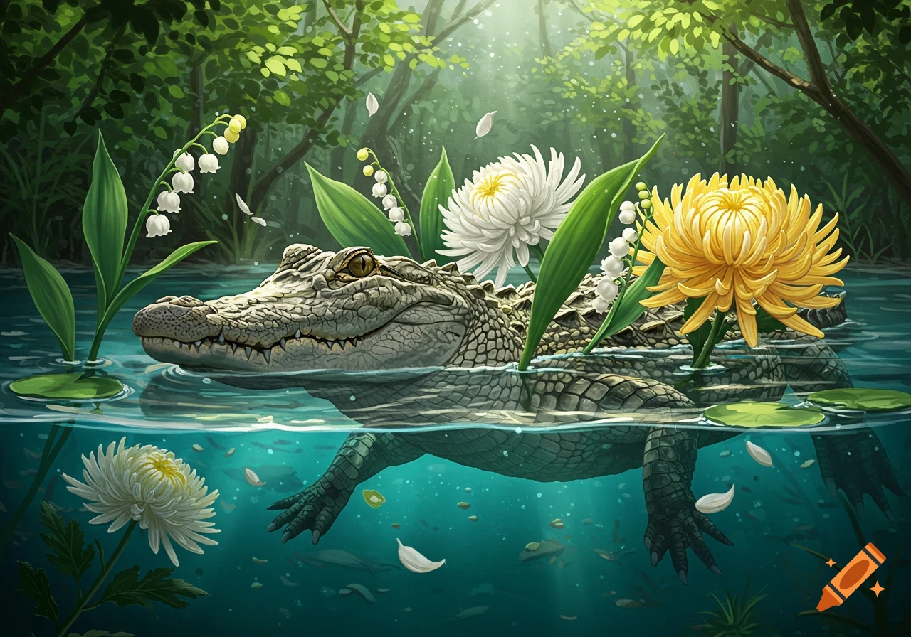 A gator swims in clear water surrounded by white lily of the valley and yellow chrysanthemum flowers, with a lush green forest background. Digital art.