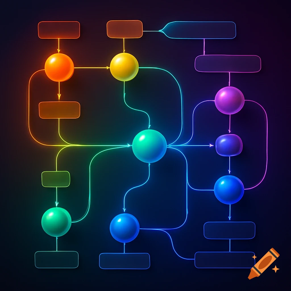 A vibrant, glowing 3D flowchart with colorful spheres and connected empty rectangular nodes on a dark background.