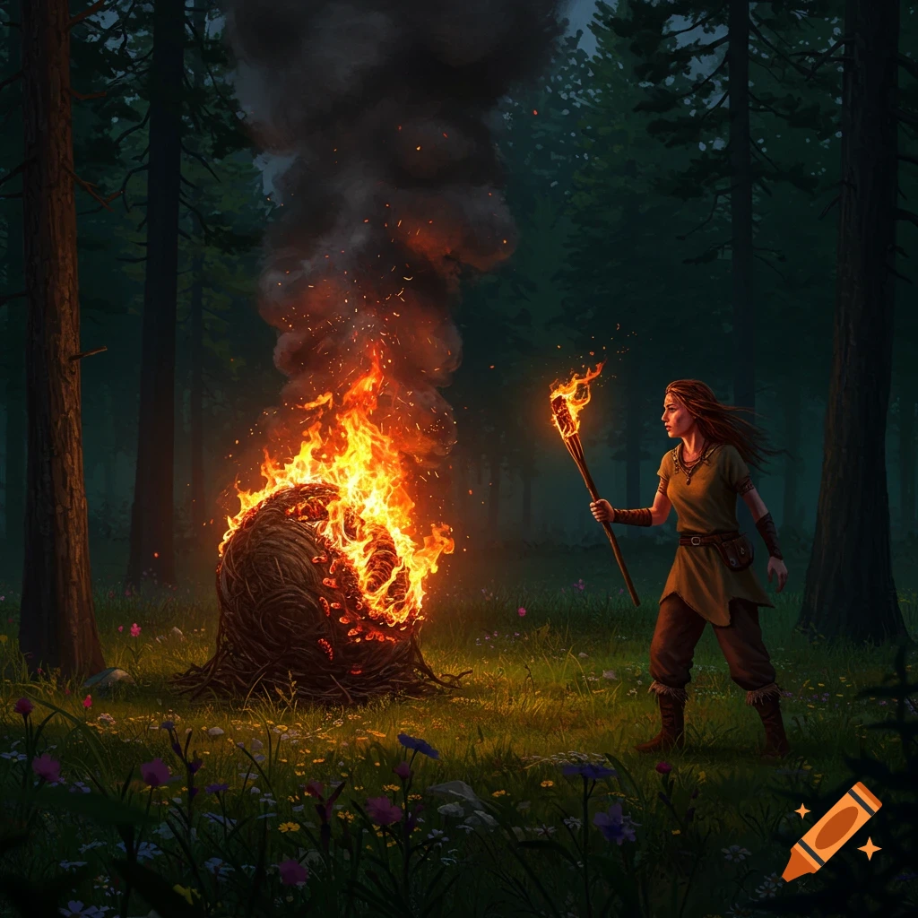 A woman holding a flaming torch stands next to a large burning nest in a dark forest.