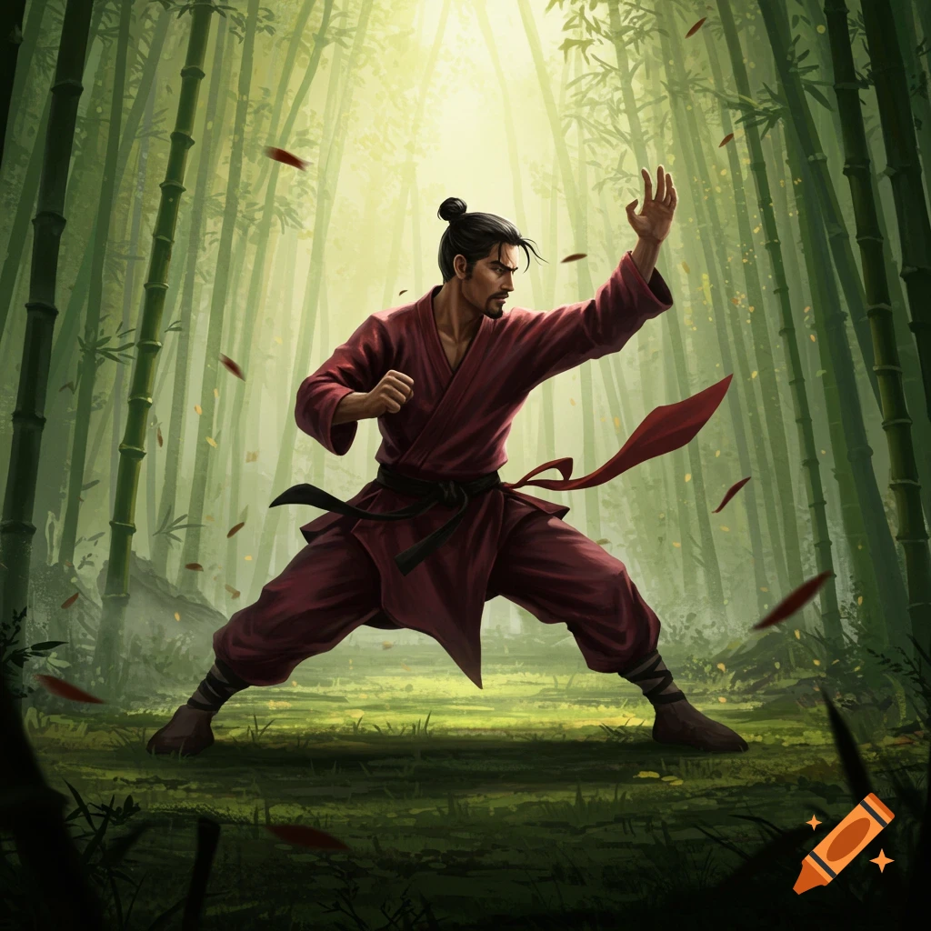A man in a red gi with a black belt practices martial arts in a sunlit bamboo forest.