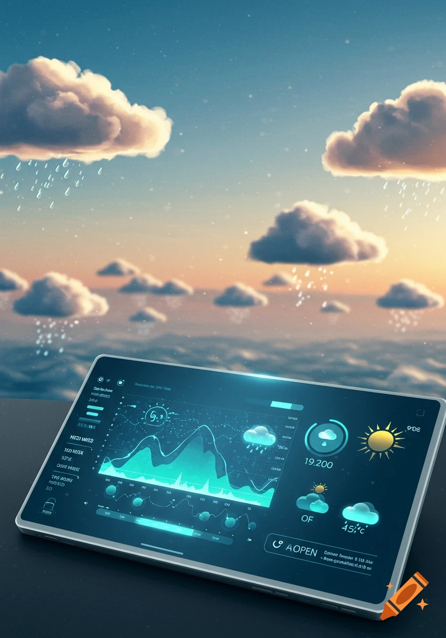 A stylized digital image of a tablet displaying a weather application with graphs and icons, set against a background of clouds, blue sky, and a distant ocean horizon. Some clouds are shown with stylized rain droplets.