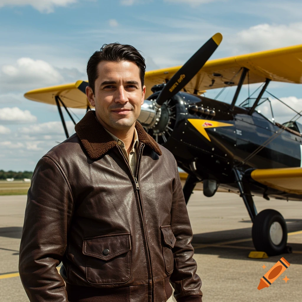 A handsome pilot in a brown leather jacket stands in front of a black and yellow biplane on an airfield.