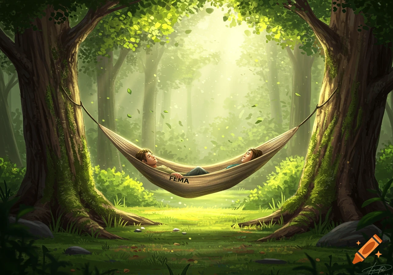 Two people relax in a hammock bearing the word FEMA, suspended between large trees in a sunlit, vibrant forest.